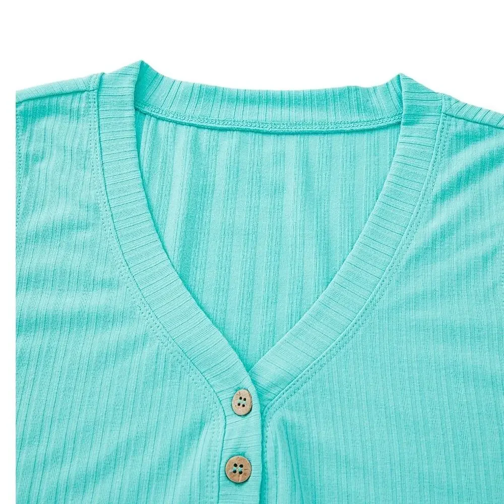 Mint Green Ribbed Button V Neck Tank Top and Shorts Set New S, M, L, XL